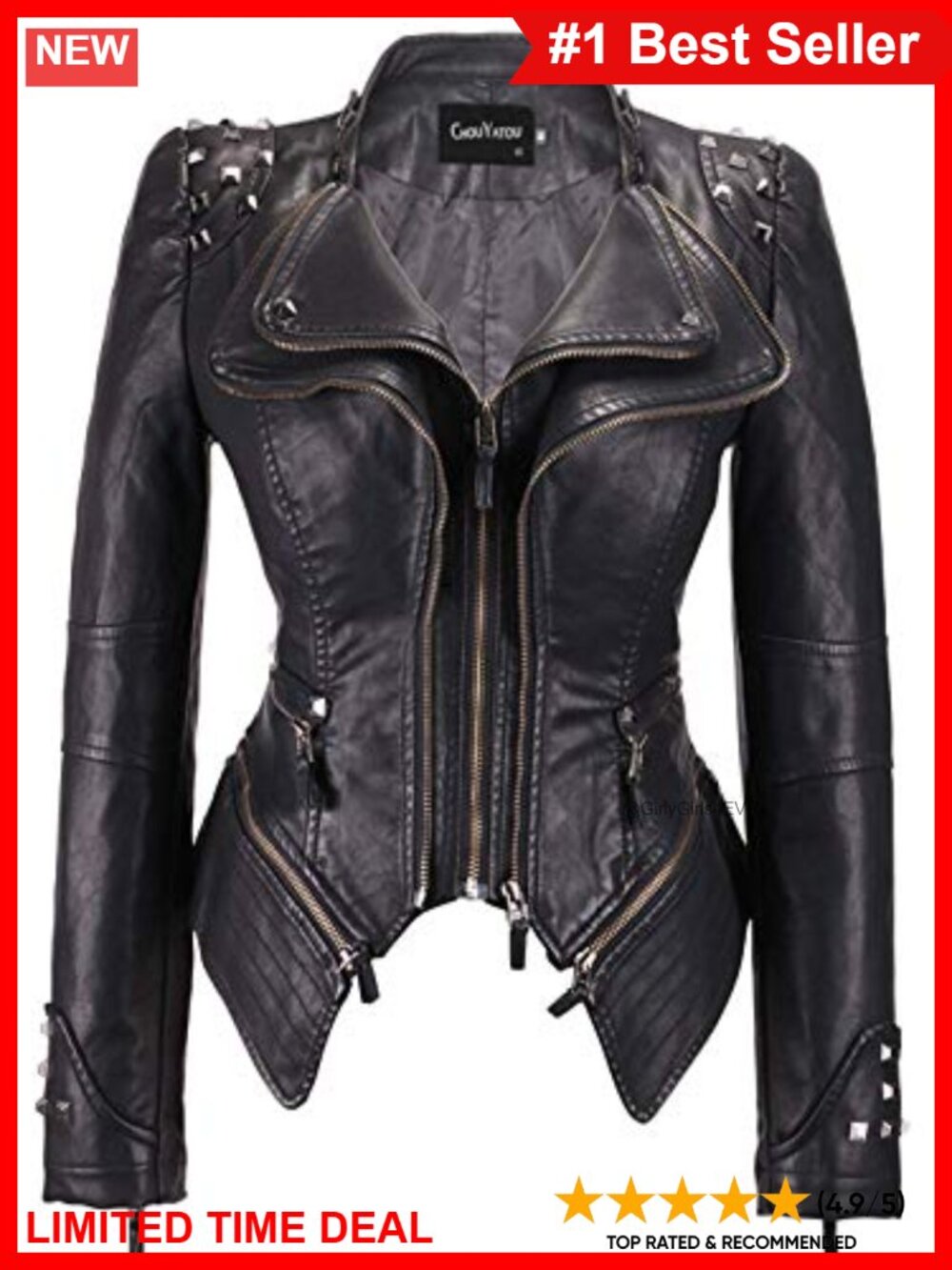 Faux Leather Studded Moto Biker Jacket Perfect Shaping Detachable Hem